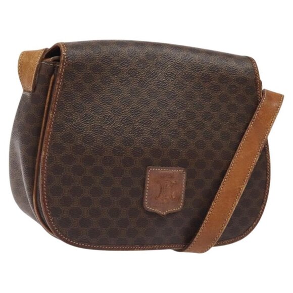 CELINE Macadam Canvas Shoulder Bag PVC Leather Brown Gold Auth BA1581 - Picture 1 of 16